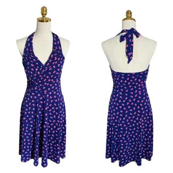 LEOTA |Women's Knee Length Sleeveless Navy Dainty Print Halter-neck Dress Size M - Picture 1 of 12